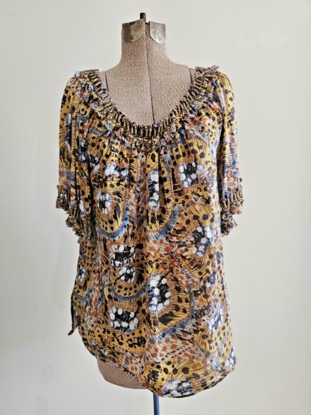 Catherine Malandrino Nail head Yellow Multi-Color Abstract Peasant Blouse